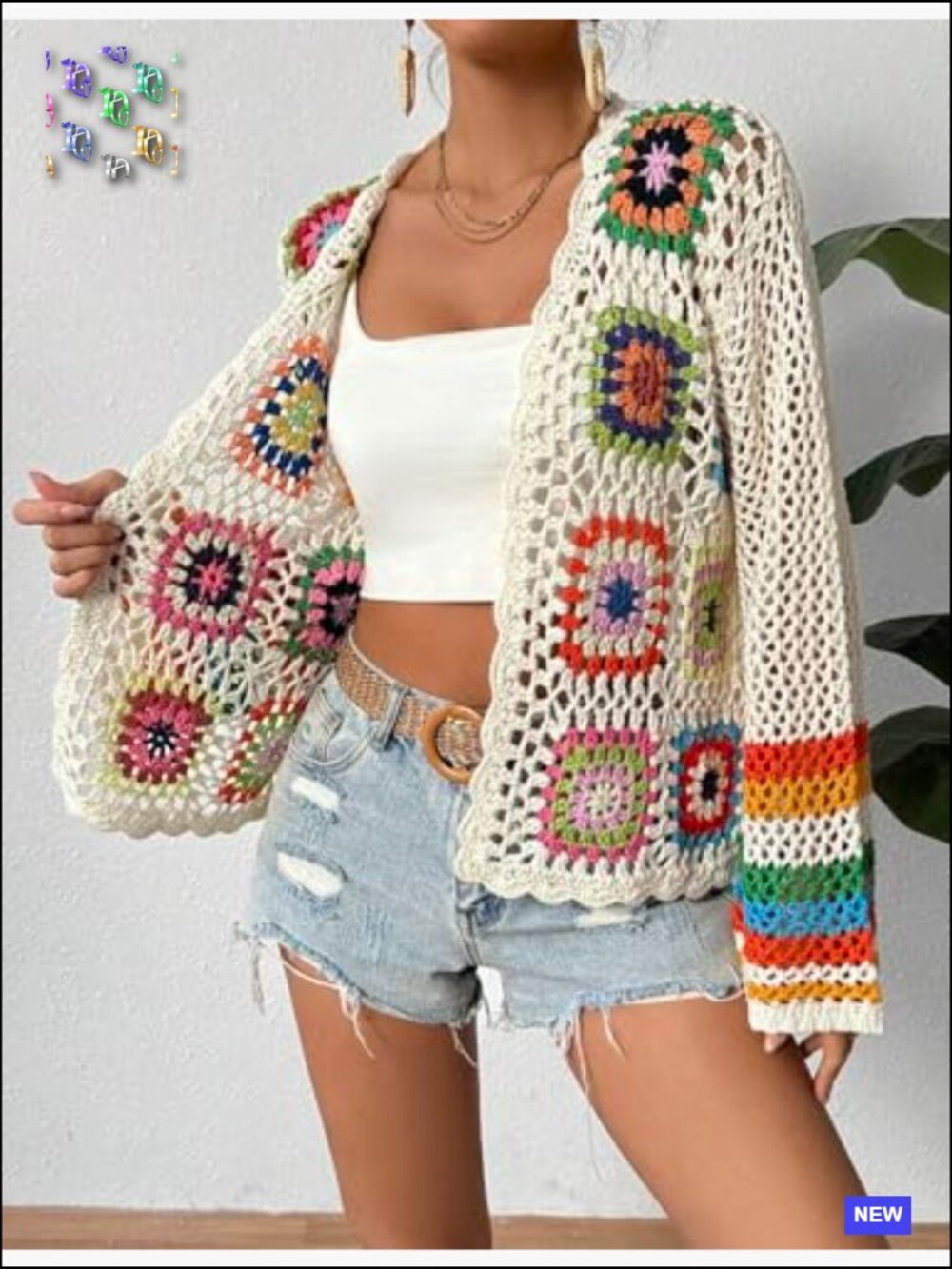 Floral Crochet Cardigan Sweater Hollow Out Lightweight Boho Casual Open Front - Picture 5 of 5